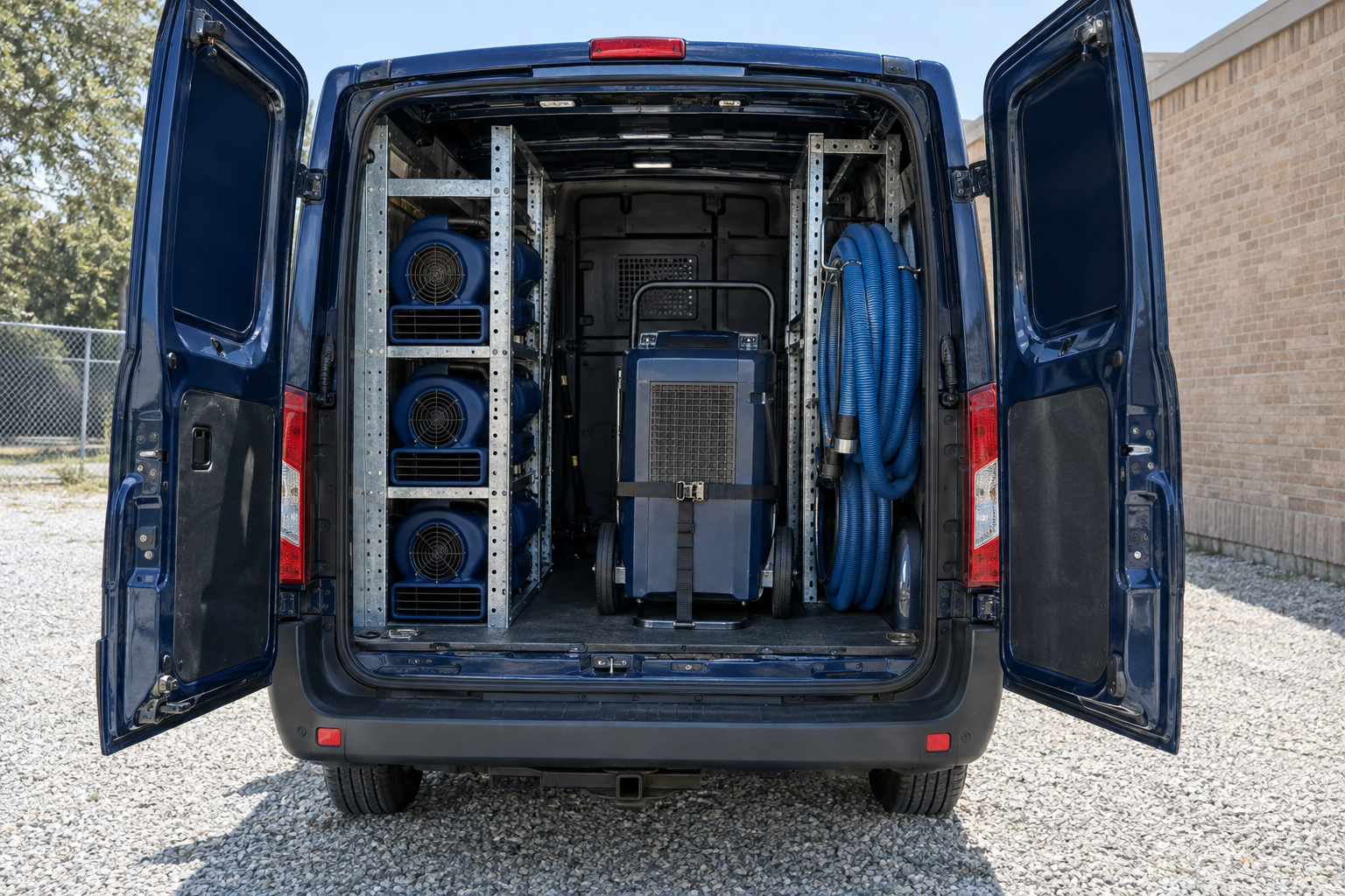 Open rear doors of a service van with air movers, a dehumidifier and coiled extraction hoses racked inside