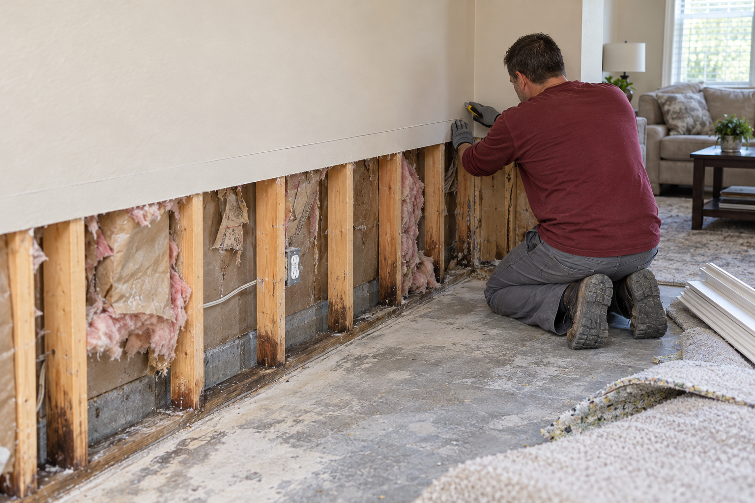 flood restoration crew making a flood cut in a Lewisville home