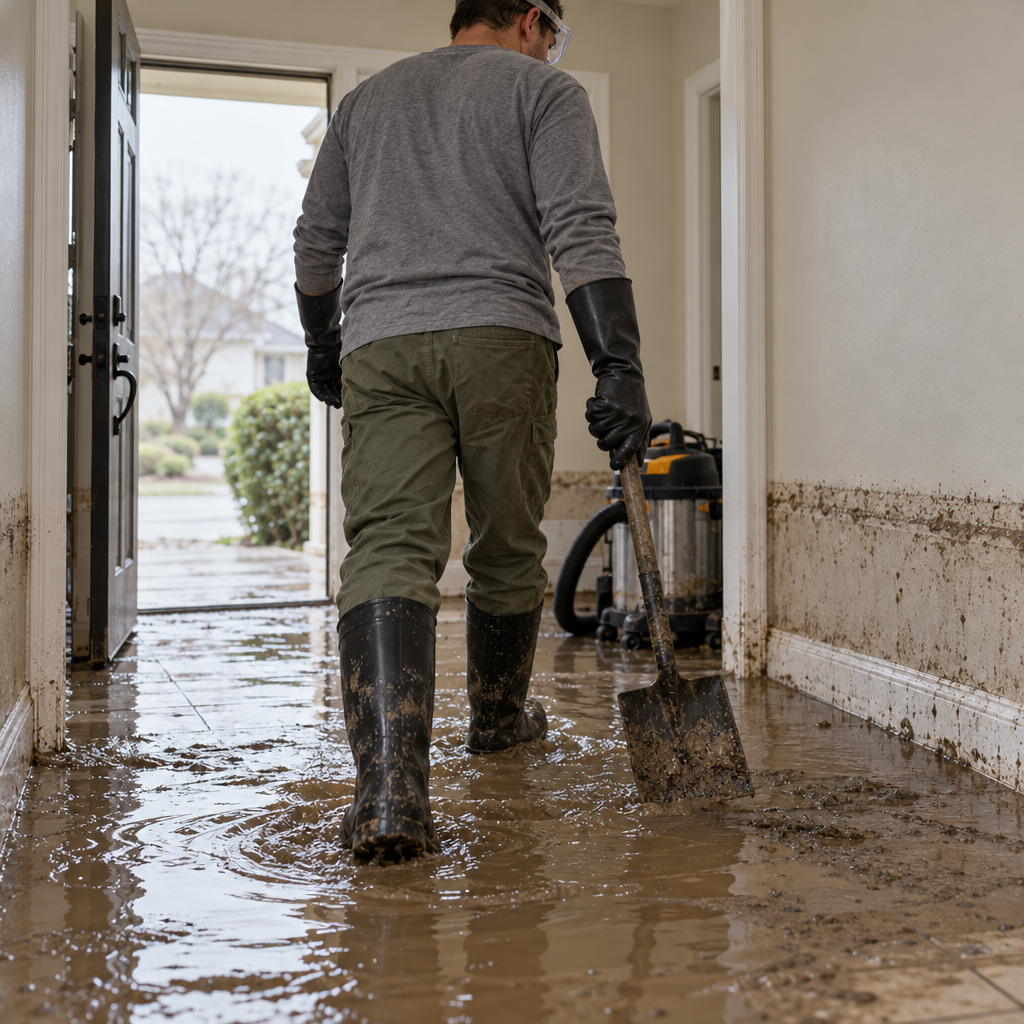flood restoration technician in boots and gloves in floodwater