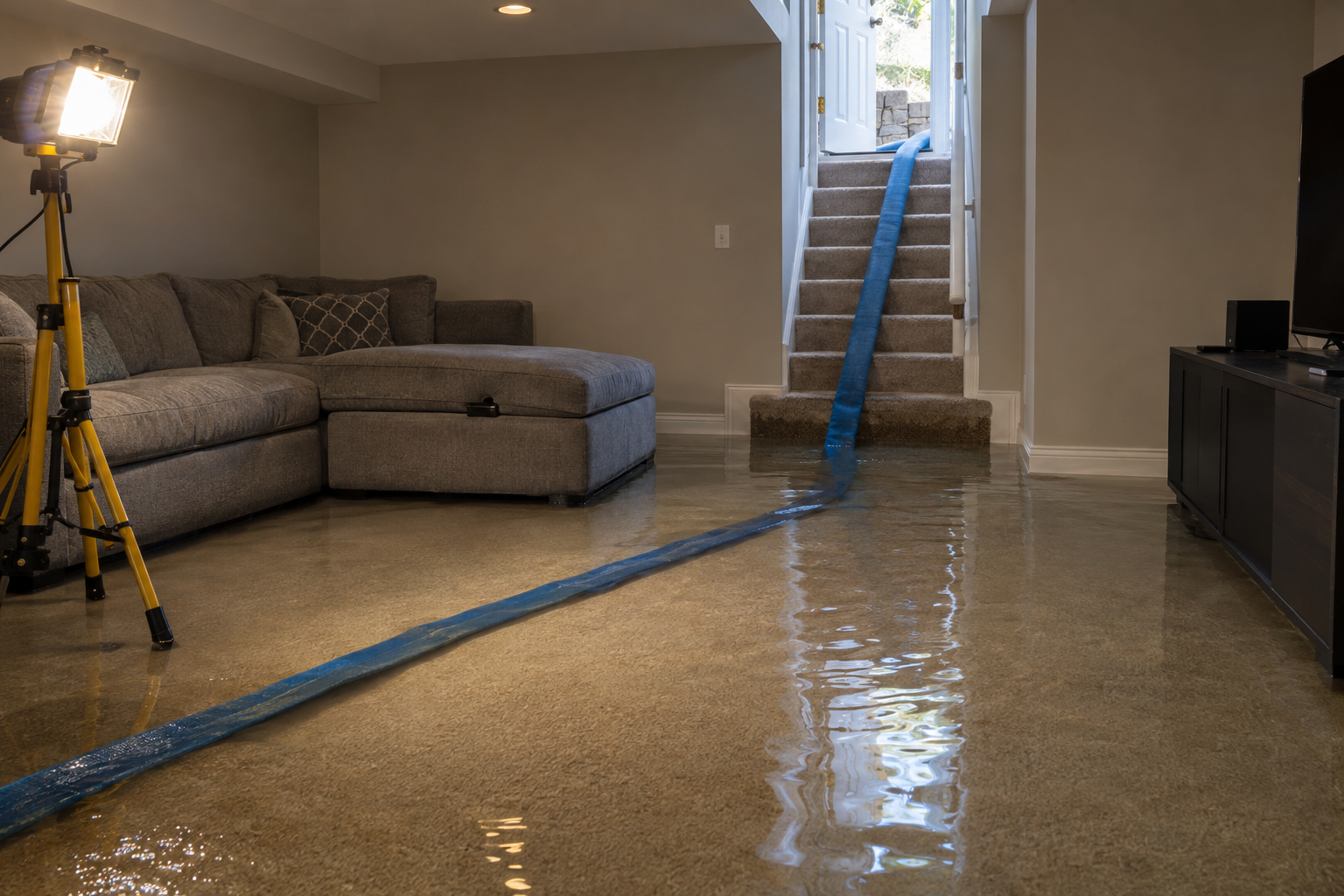Pump discharge hose running up a short stairway out of a flooded below-grade media room