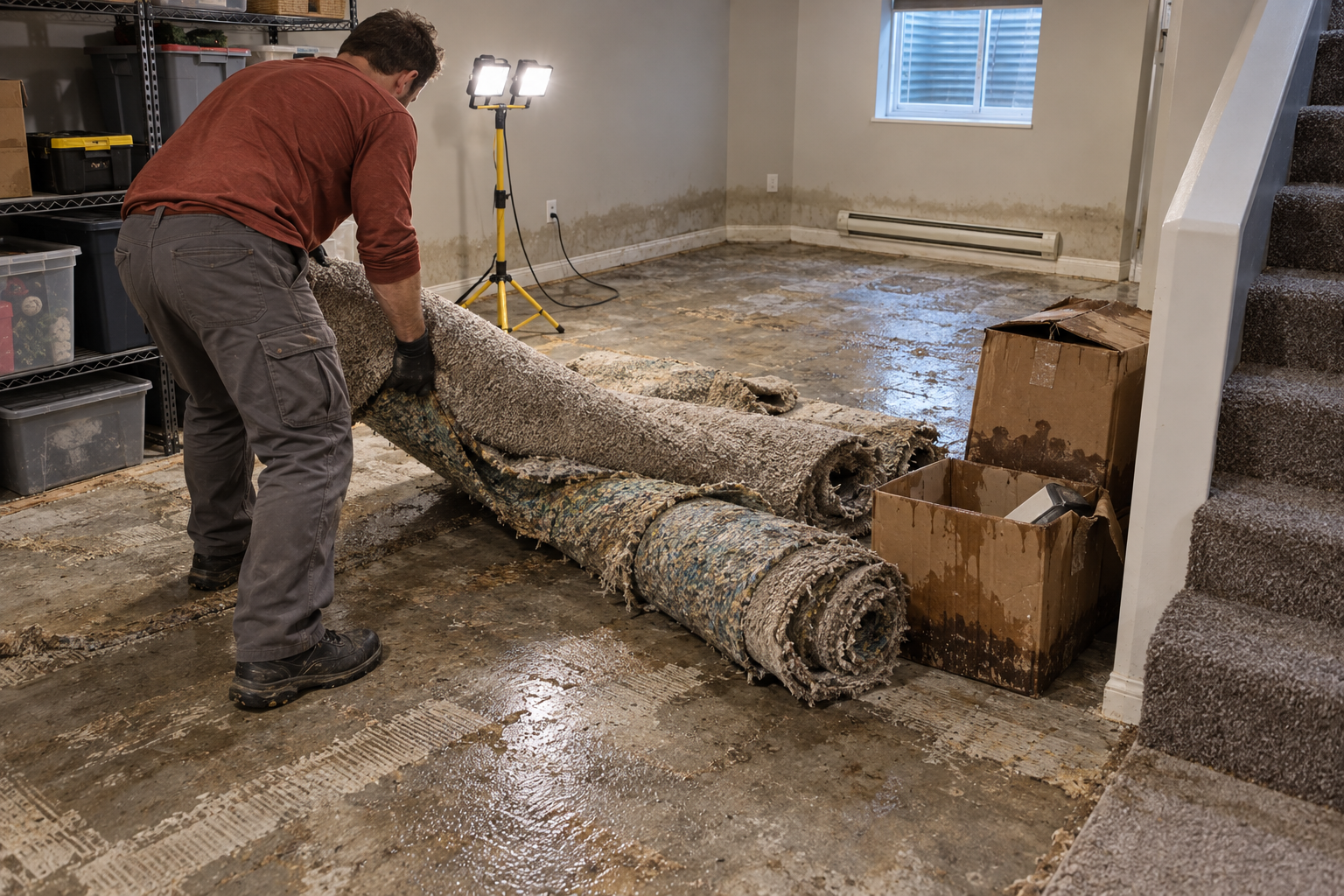 wet carpet pad and storage boxes in a flooded basement