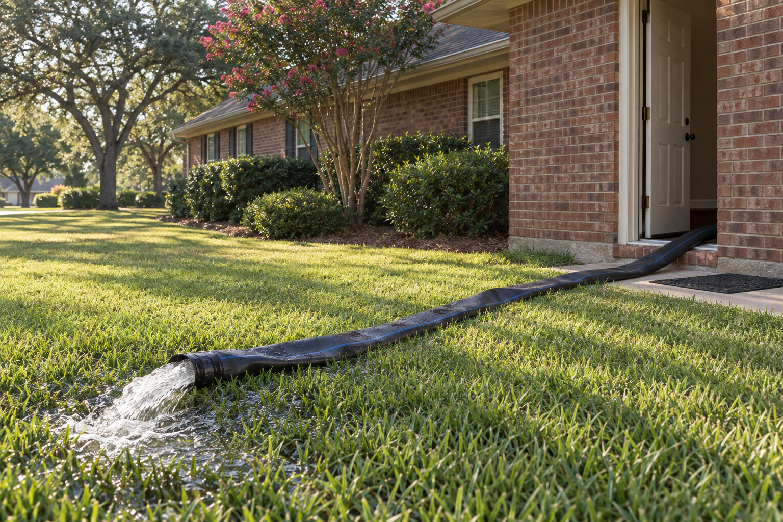 Discharge hose running from the side door of a one-story brick house into the lawn, a crepe myrtle in the front bed