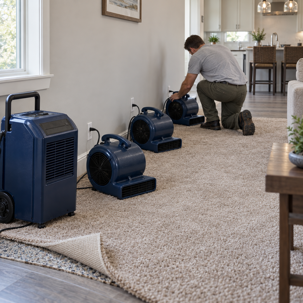 water damage restoration crew drying a home in Flower Mound