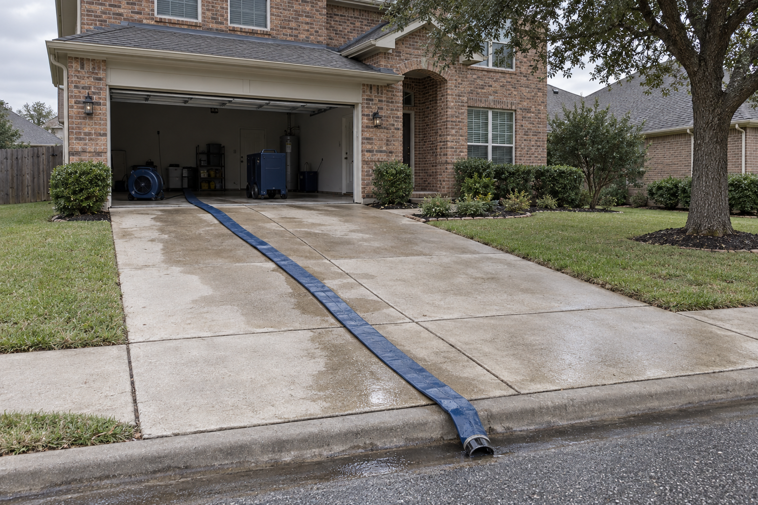 Hose running across a concrete driveway into the open two-car garage of a two-story brick house
