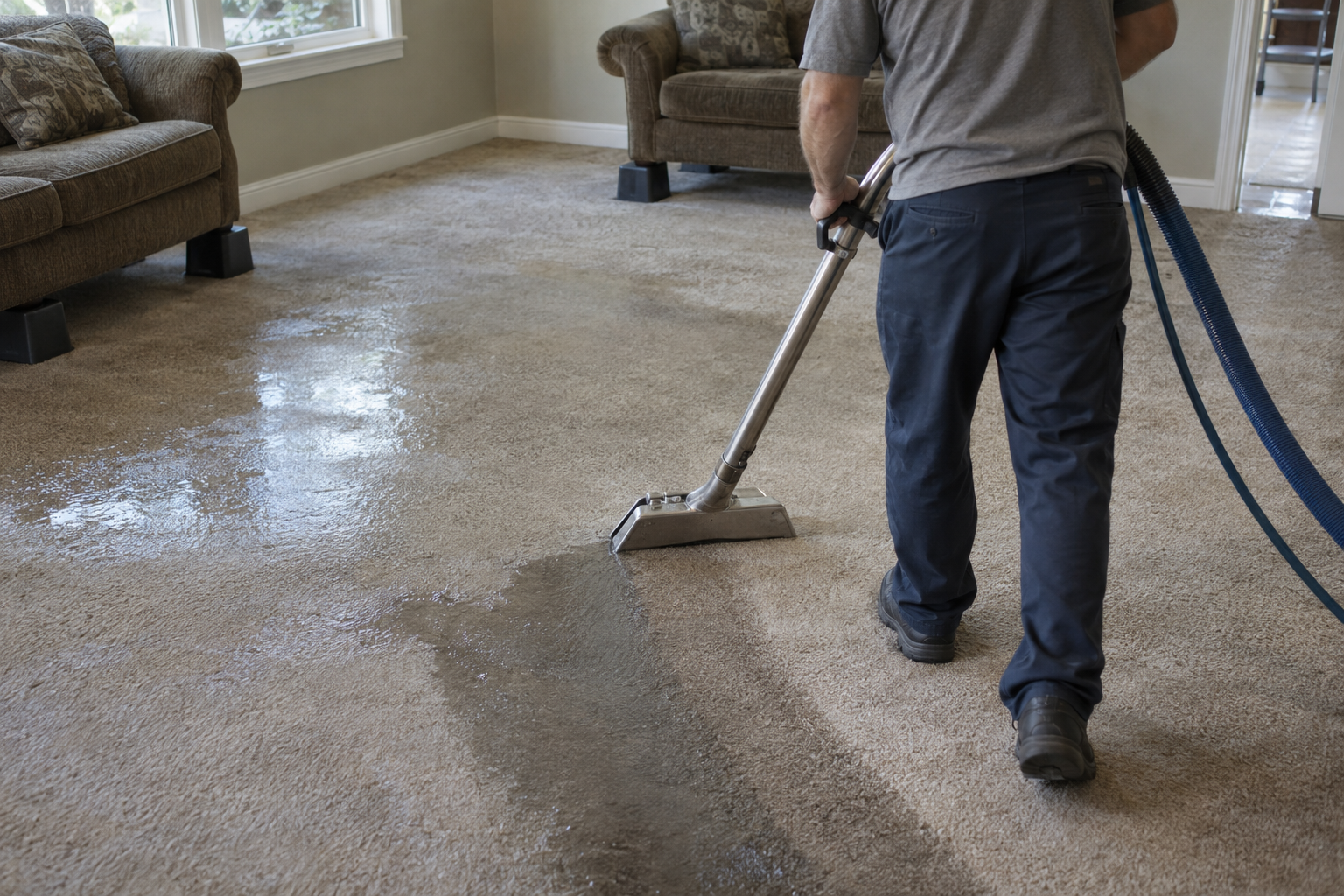 water damage restoration crew extracting water from carpet in a Lewisville home