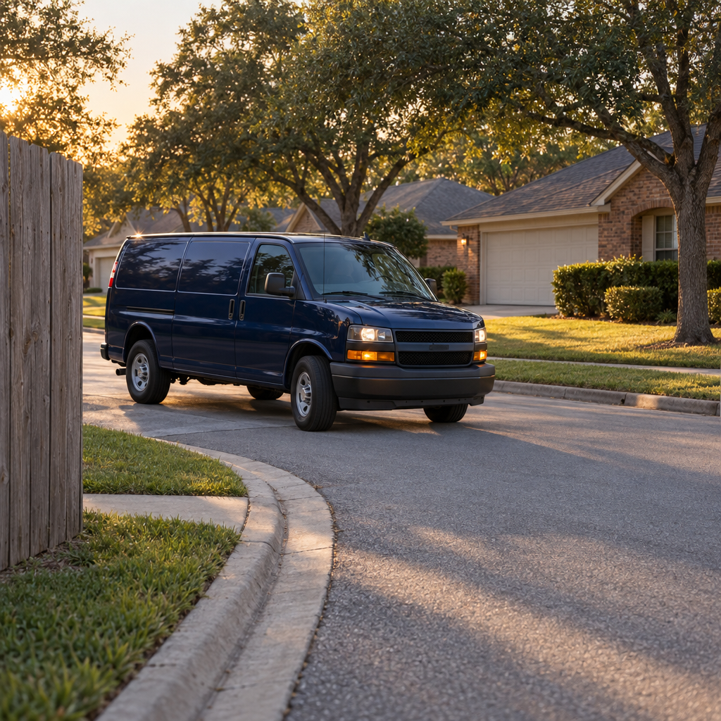 Dark navy service van turning onto a street of one-story brick houses beside a cedar privacy fence