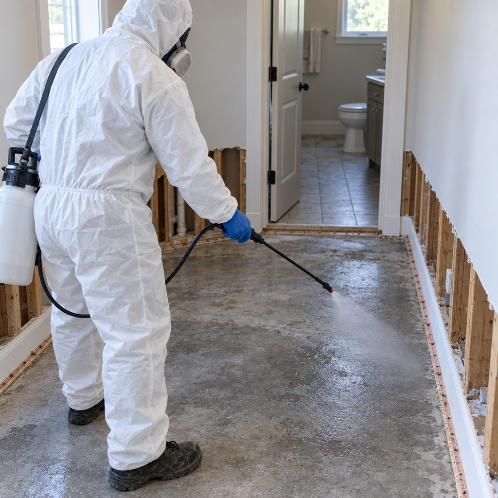sewage cleanup technician in protective gear in a Lewisville bathroom