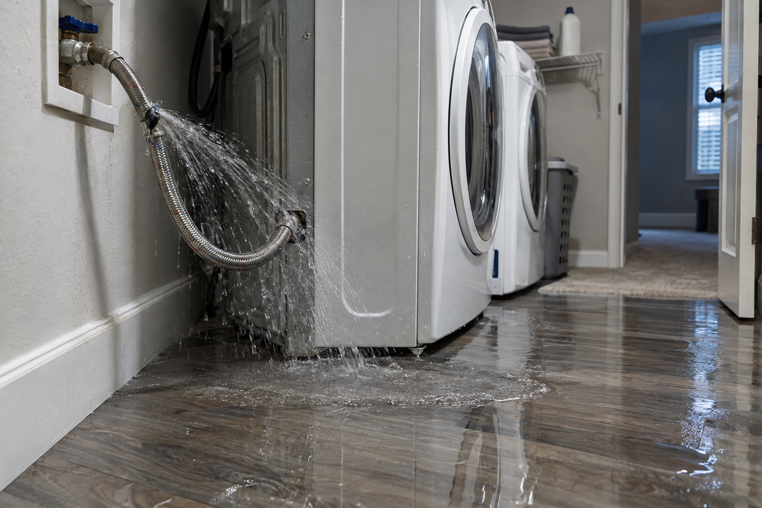 A split washing machine supply hose spraying clear water across a laundry room floor