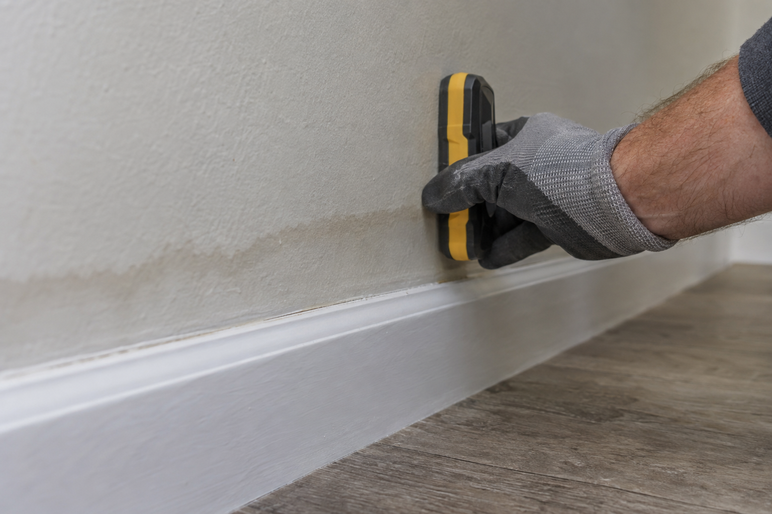 Moisture meter held flat against a painted drywall wall just above a white baseboard