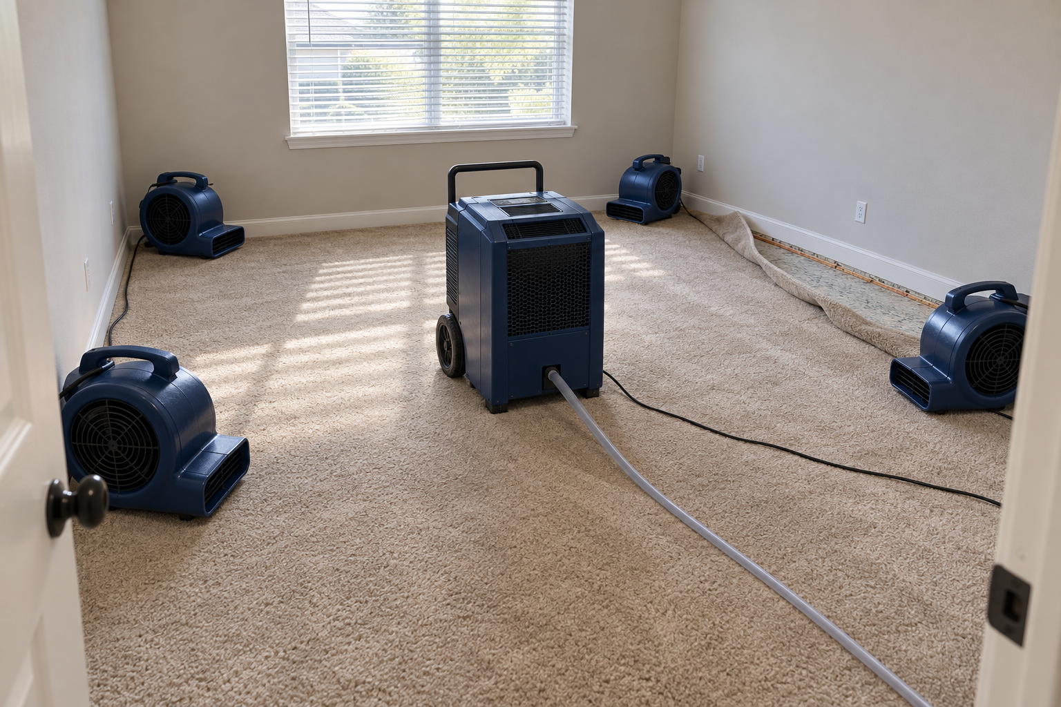 air movers and dehumidifier drying a water damaged room