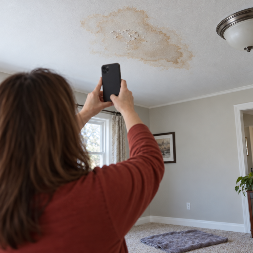 homeowner photographing water damage for an insurance claim