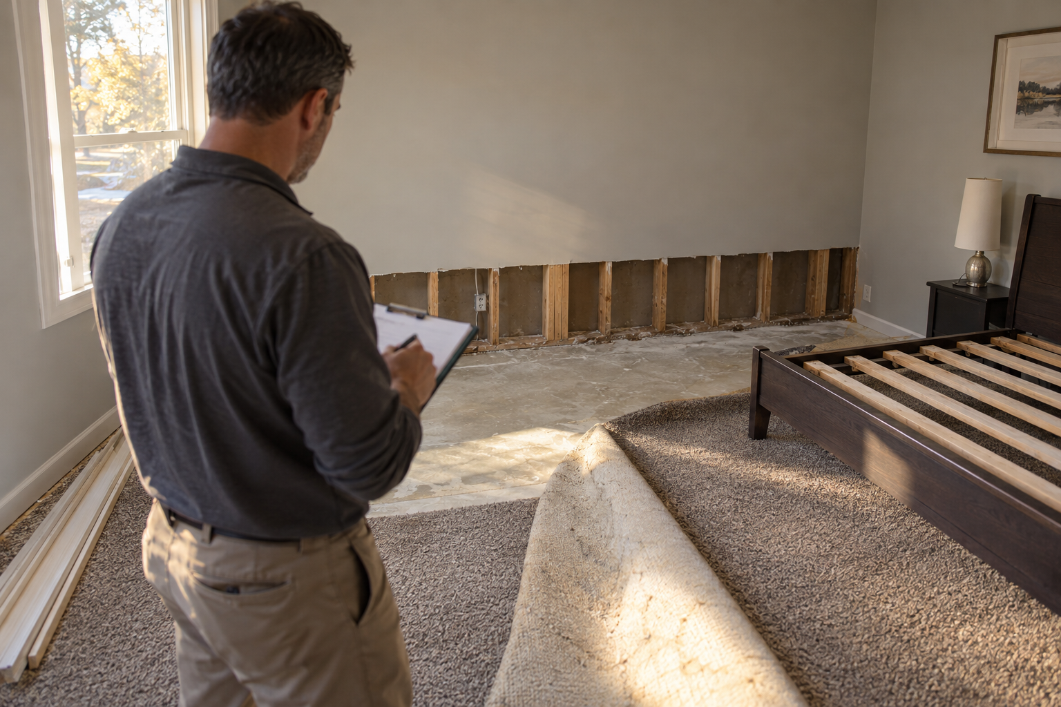 Technician writing on a clipboard in a dried-out bedroom with the carpet pulled back and the lower drywall cut away