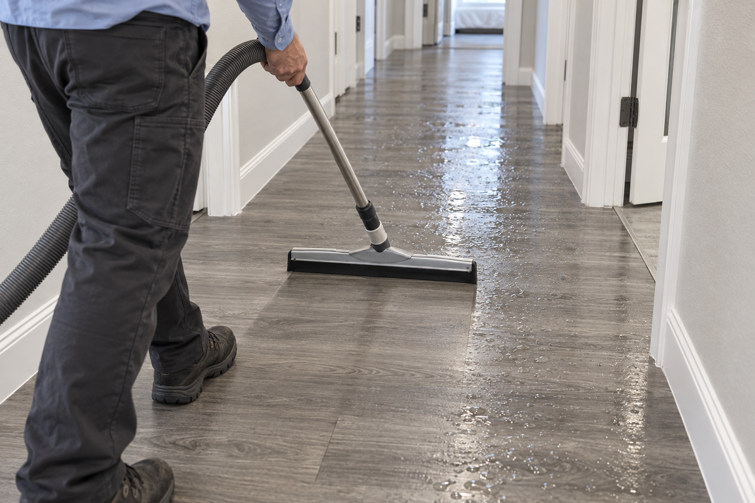Squeegee extraction head drawn across wet vinyl plank in a hallway, leaving a dry stripe behind it