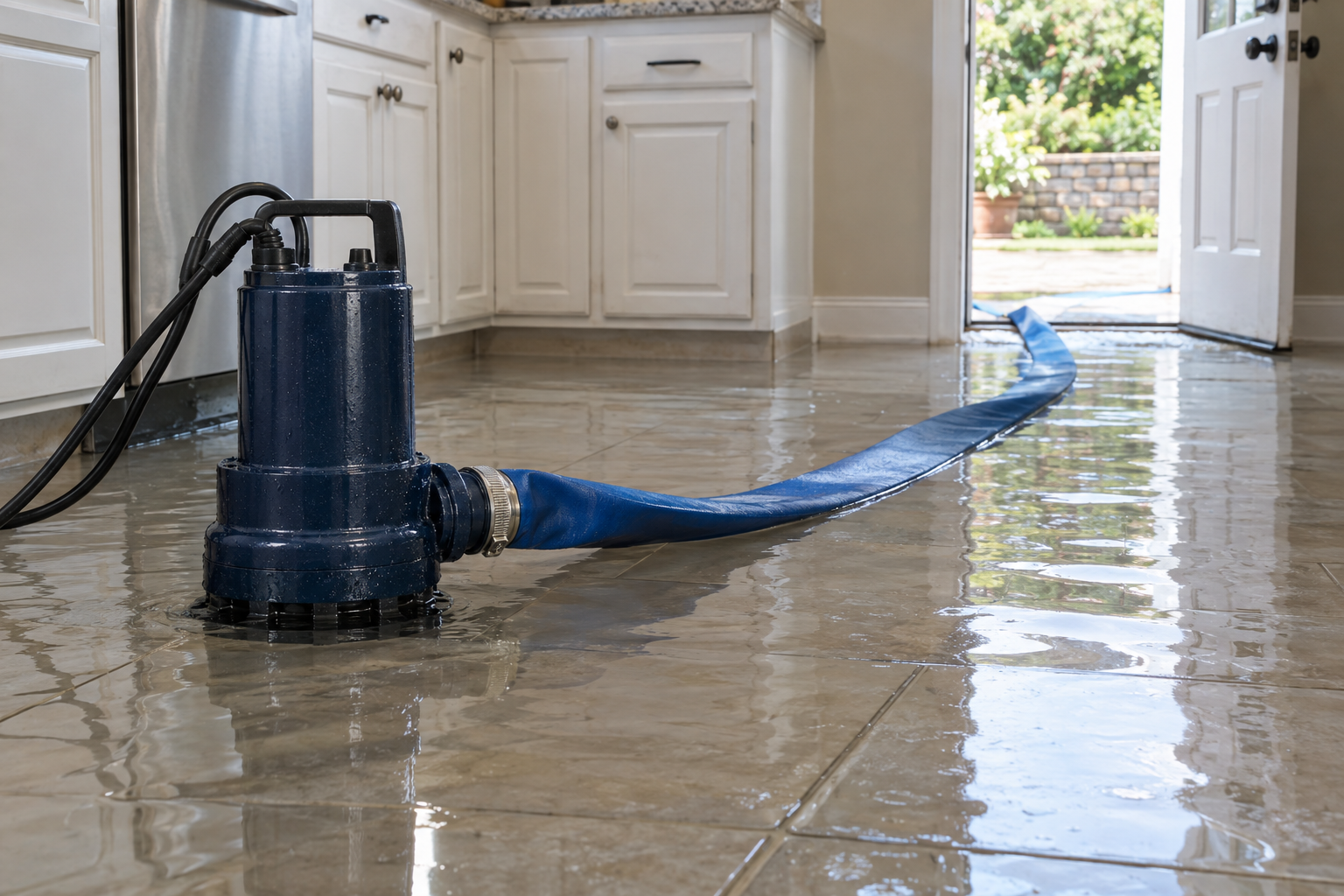 submersible pump removing standing water from a slab floor